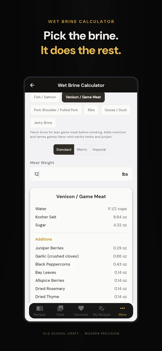 The Wet Brine calculator switching from a venison brine to a jerky brine, then rescaling from 12 lb to 25 lb and into metric