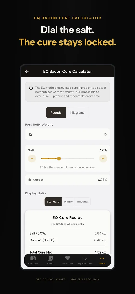The EQ Bacon Cure calculator: salt moved from 2.0% to 2.4% while Cure #1 stays locked at 0.25%, shown in ounces and grams
