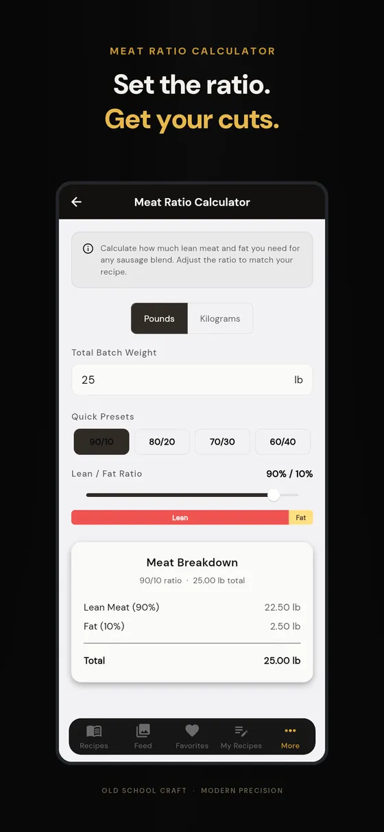 The Meat Ratio calculator moving from 90/10 to 60/40 on a 25 lb batch, then rescaling to 40