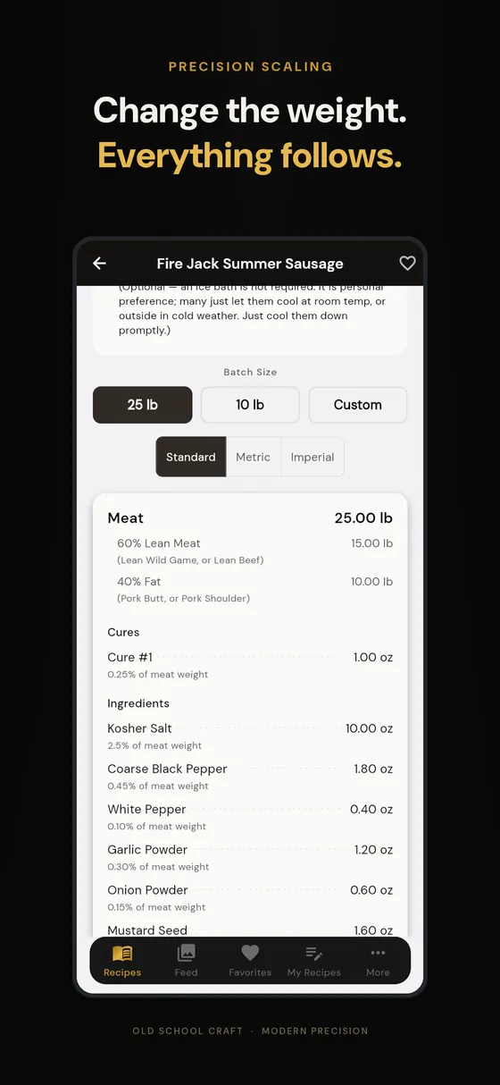 The same recipe rescaled from 25 lb to 10 lb to a custom batch, in pounds, kilograms and imperial fractions