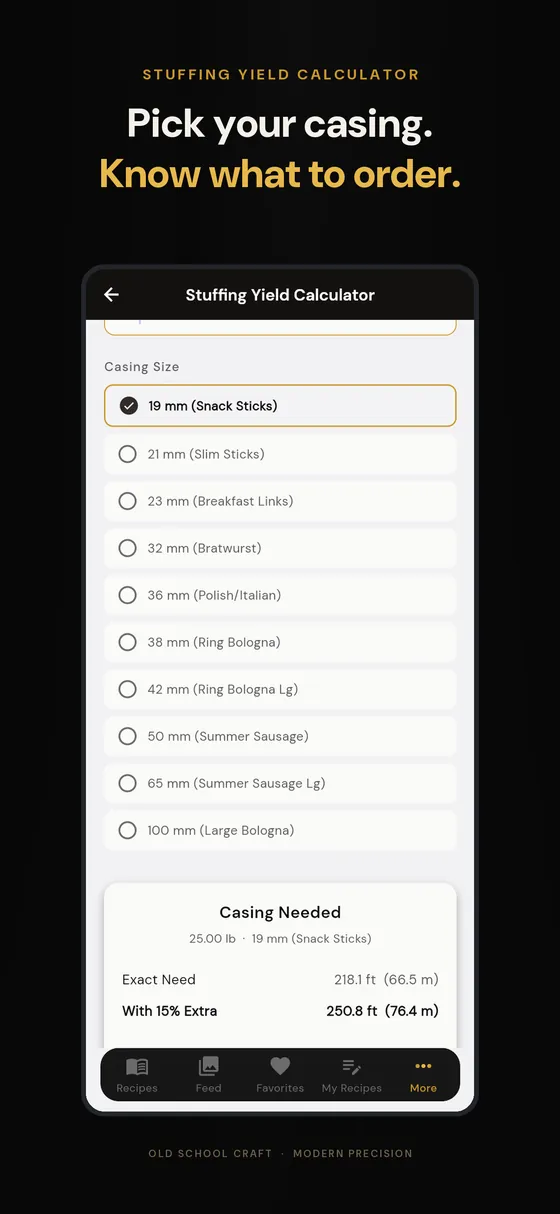 The Stuffing Yield calculator switching casing size from 19 mm to 32 mm to 50 mm on a 25 lb batch